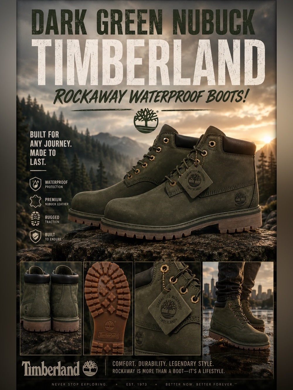 Dark Green Nubuck Timberland Rockaway Waterproof Boots!🔥New! Size: 9us